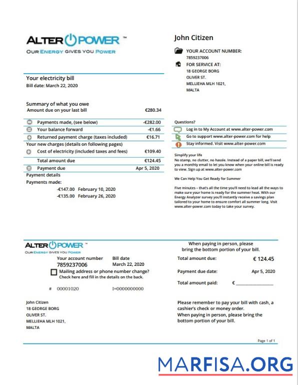 Realistic Malta AlterPower Malta proof of address utility bill template in Word and PDF format